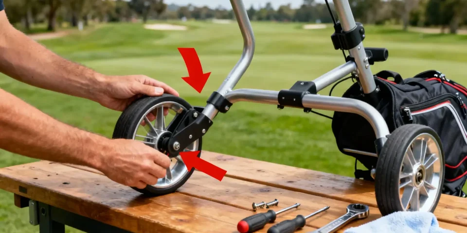 Inspection du chariot de golf avec flèche rouge sur les roues et outils d’entretien visibles