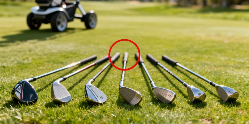 7 clubs de golf mis en avant, flèche rouge, chariot de golf discret en arrière-plan