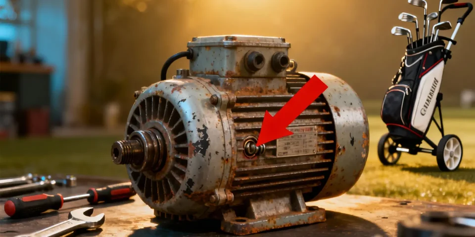 Moteur électrique usé, flèche rouge, outils et chariot de golf en arrière-plan