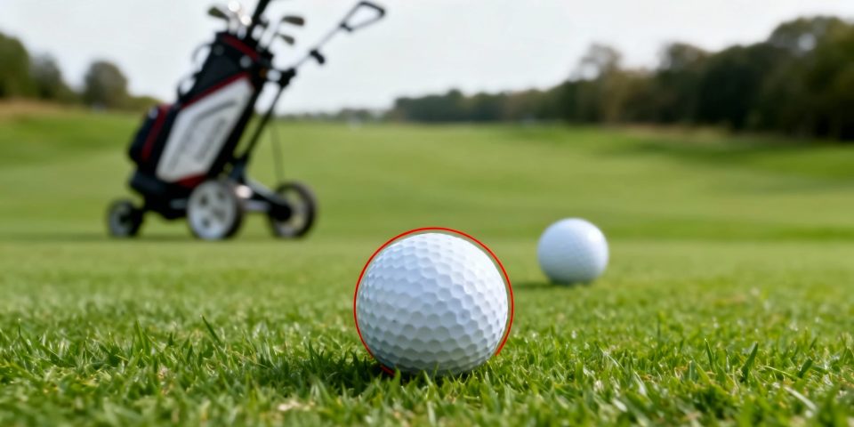Balle de golf en gros plan sur green, flèche rouge, chariot de golf élégant en arrière-plan