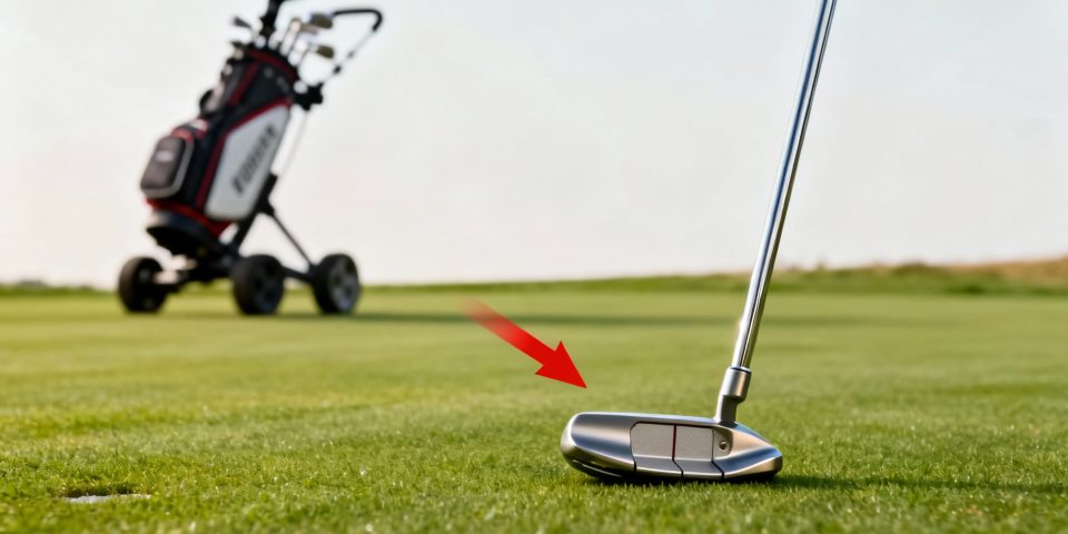 Senior examinant des putters avec chariot de golf moderne en arrière-plan flou et flèche rouge
