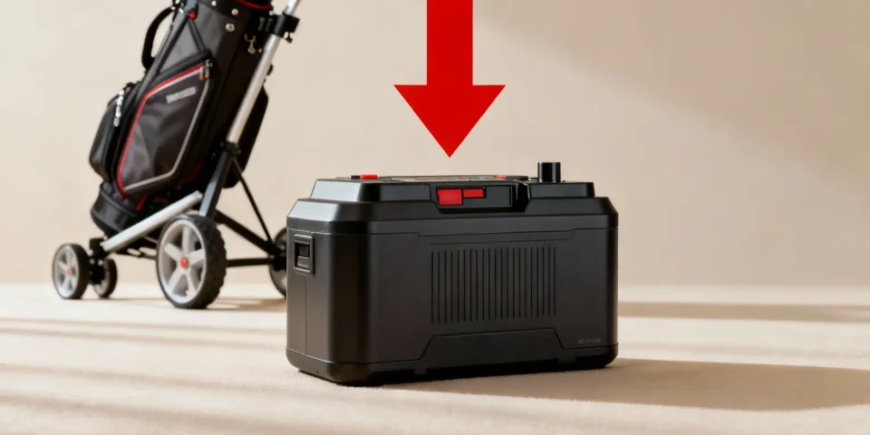 Batterie de chariot de golf mise en avant avec flèche rouge, chariot en arrière-plan