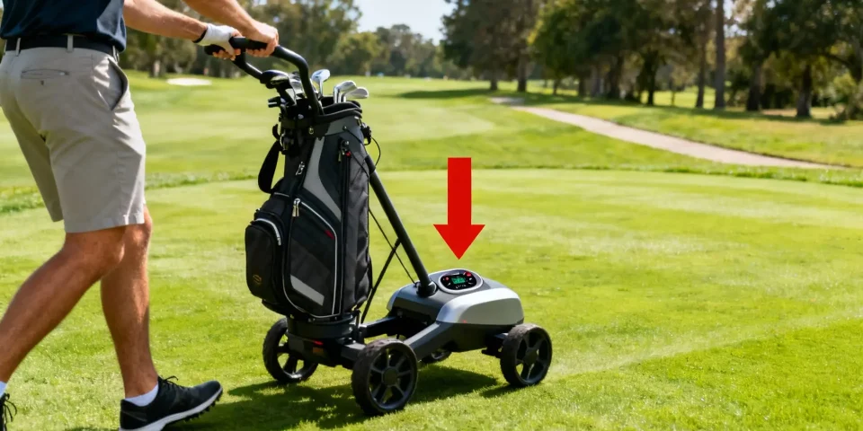 Golfeur utilisant la fonction avance assistée, flèche rouge sur le panneau du chariot de golf