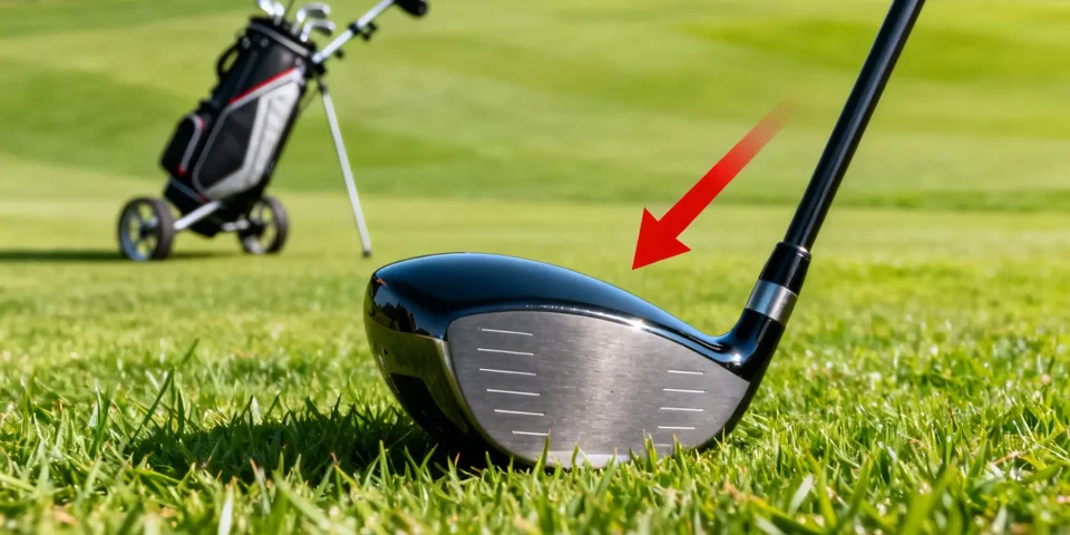 Driver de golf premium mis en avant, flèche rouge, chariot de golf moderne en arrière-plan