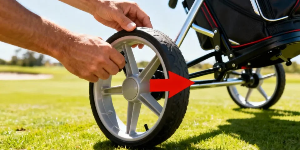 Changement rapide de roue de chariot de golf avec flèche rouge et sac en arrière-plan