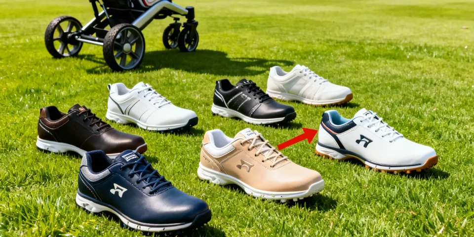 Différents modèles de chaussures de golf débutant, flèche rouge, chariot en fond