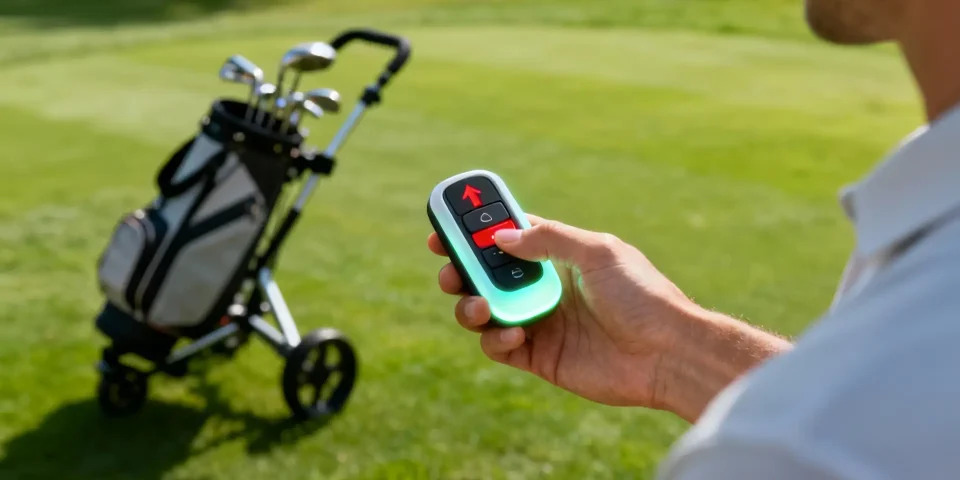 Main tenant une télécommande de chariot de golf, flèche rouge sur le bouton distance