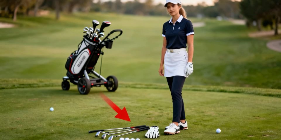 Clubs de golf femme réalistes et sac sur chariot, flèche rouge sur club essentiel