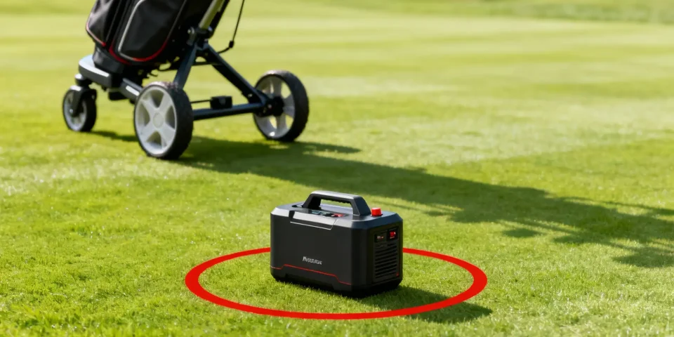 Batterie de golf en avant, cercle rouge, chariot électrique en arrière-plan sur terrain vert