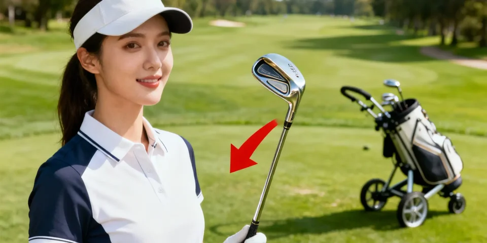 Golfeuse élégante tenant un club avec flèche rouge, chariot de golf en arrière-plan
