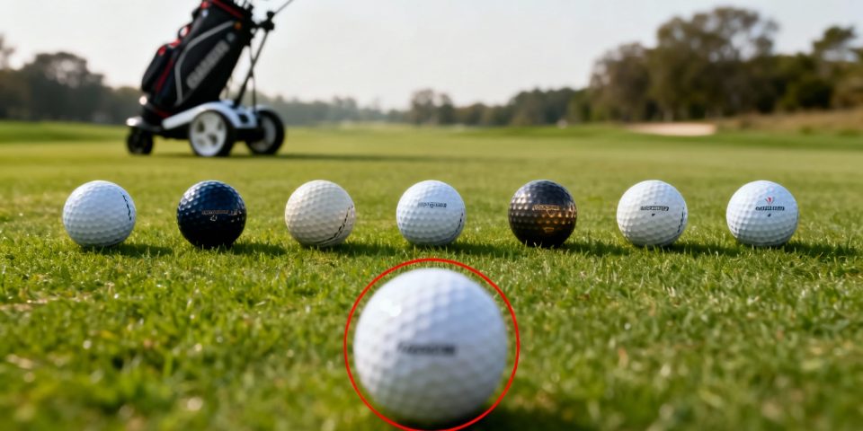7 balles de golf colorées en avant avec flèche rouge, chariot de golf élégant en arrière-plan