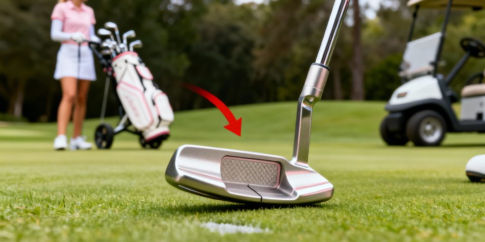 Plusieurs putters femme élégants, cercle rouge sur le meilleur, chariot de golf en arrière-plan