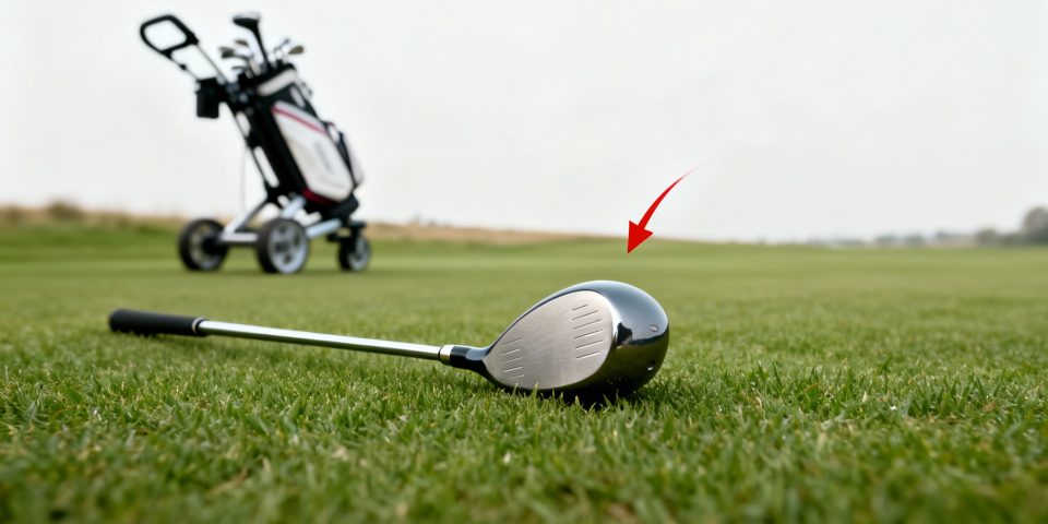 Driver de golf pour femme en gros plan, main féminine et chariot de golf en arrière-plan