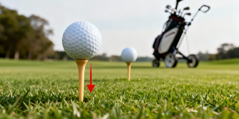 Différentes hauteurs de tees de golf sur herbe, club et chariot minimaliste en arrière-plan