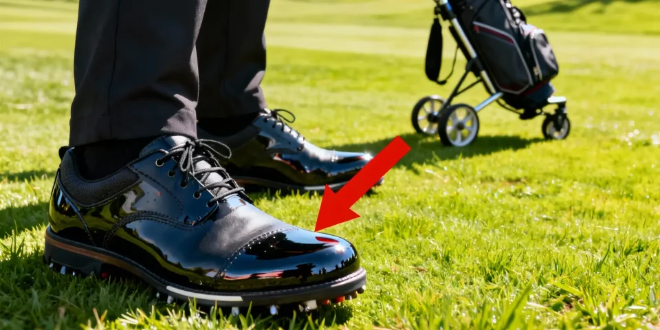Chaussures de golf imperméables en gros plan, chariot de golf en arrière-plan
