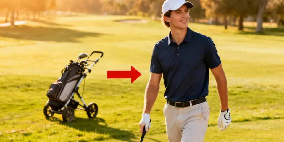 Débutant stylé en tenue de golf abordable avec chariot en arrière-plan et flèche rouge