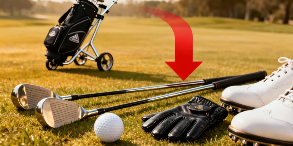 Matériel de golf essentiel au sol avec clubs, gant, sac et flèche rouge qui entoure un objet