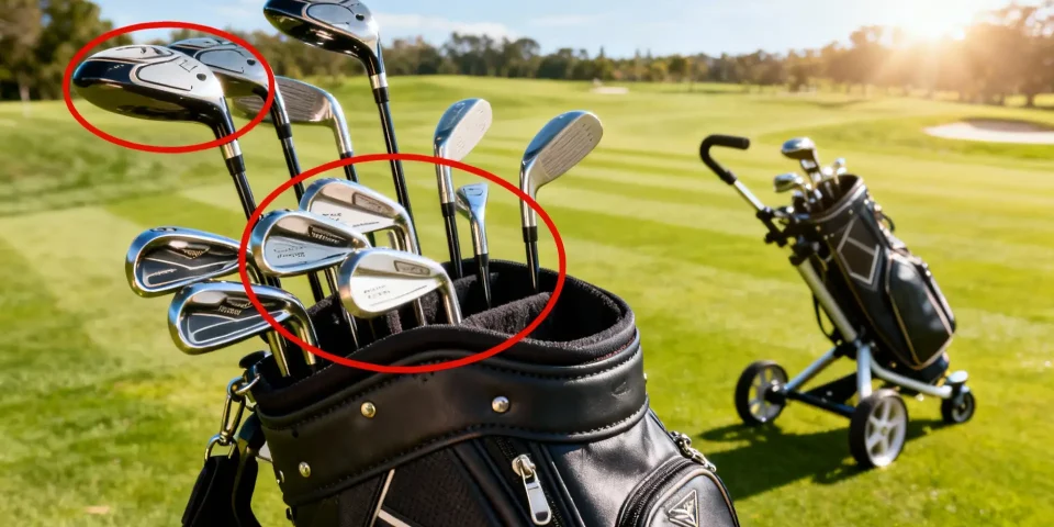 Sac de golf premium ouvert montrant 14 clubs, chariot de golf moderne en fond sur le parcours