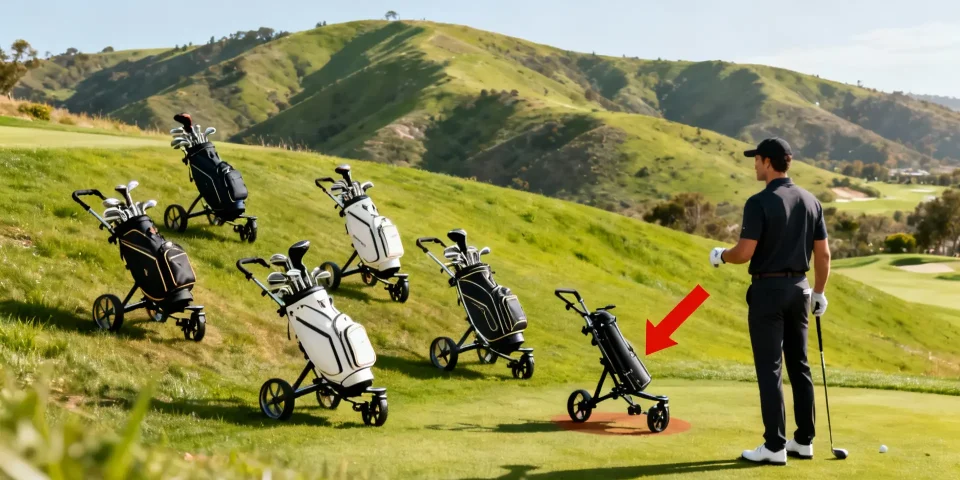 Golfeur choisissant un chariot de golf sur terrain vallonné, flèche rouge sur le plus stable