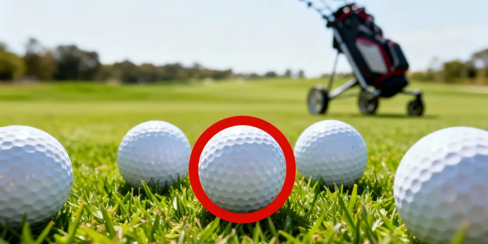 Gros plan de balles de golf avec cercle rouge, chariot de golf flou en arrière-plan