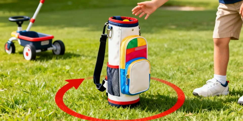 Sac de golf junior en avant-plan, enfant, flèche rouge, chariot pour enfants discrètement derrière