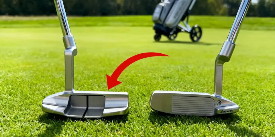 Putter maillet et lame réalistes sur green avec chariot de golf en arrière-plan