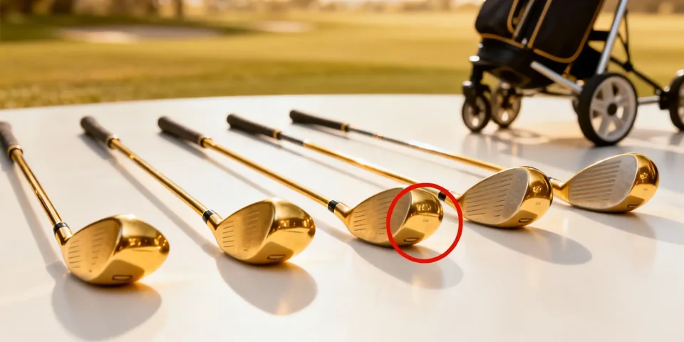 Drivers de golf réalistes aux lofts variés, un cercle rouge, chariot en arrière-plan