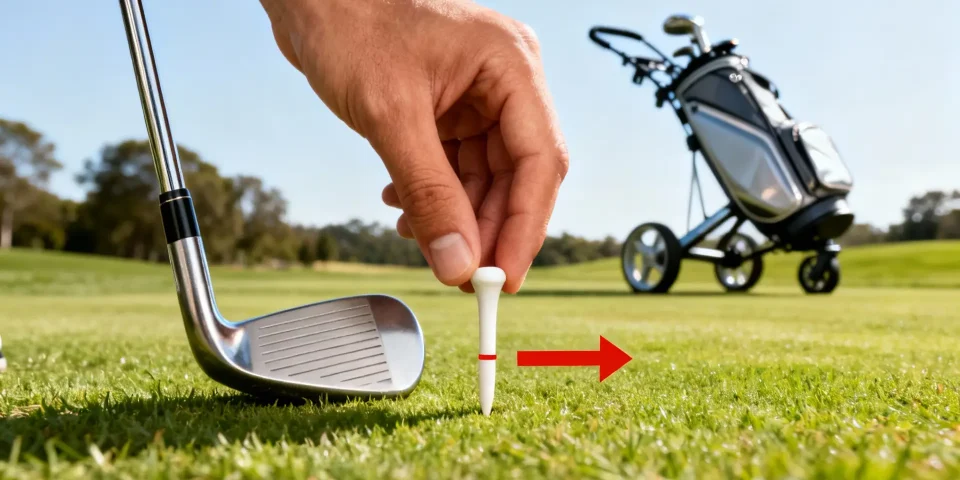 Main plaçant un tee de golf à la bonne hauteur, club aligné, flèche rouge et chariot derrière