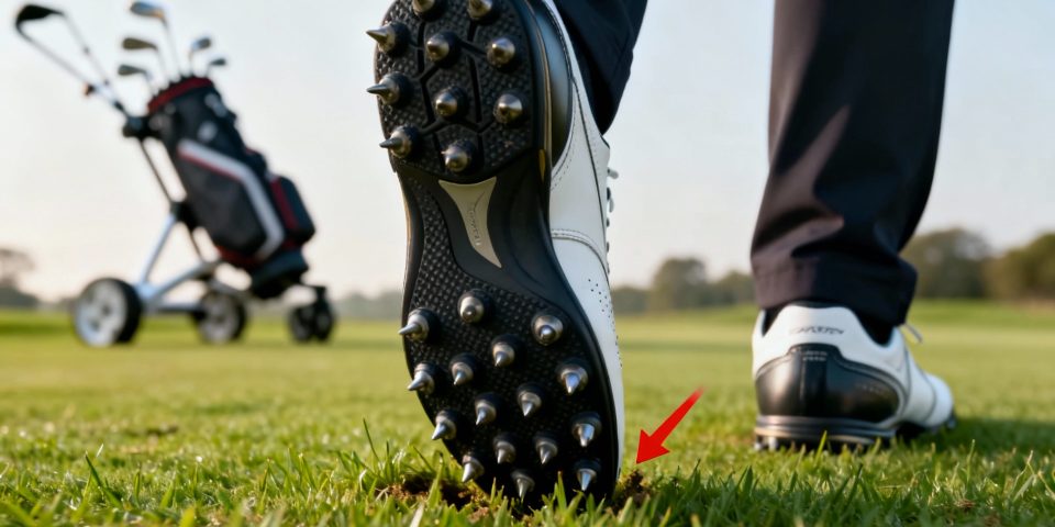 Différentes semelles de chaussures de golf comparées avec un chariot de golf derrière sur le green