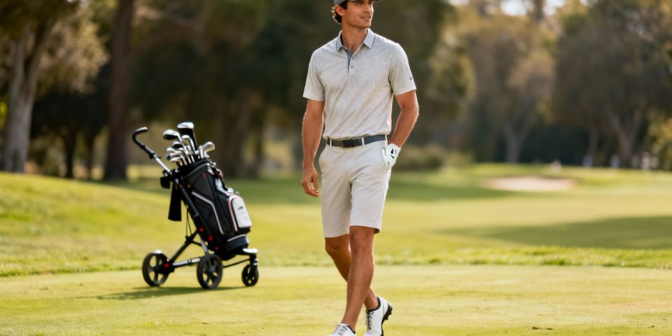 Tenue de golf estivale élégante sur mannequin, chariot de golf en arrière-plan sur green