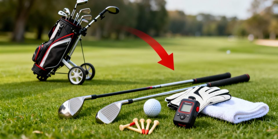 Équipement de golf réaliste avec flèche rouge, chariot discret en fond sur un green lumineux