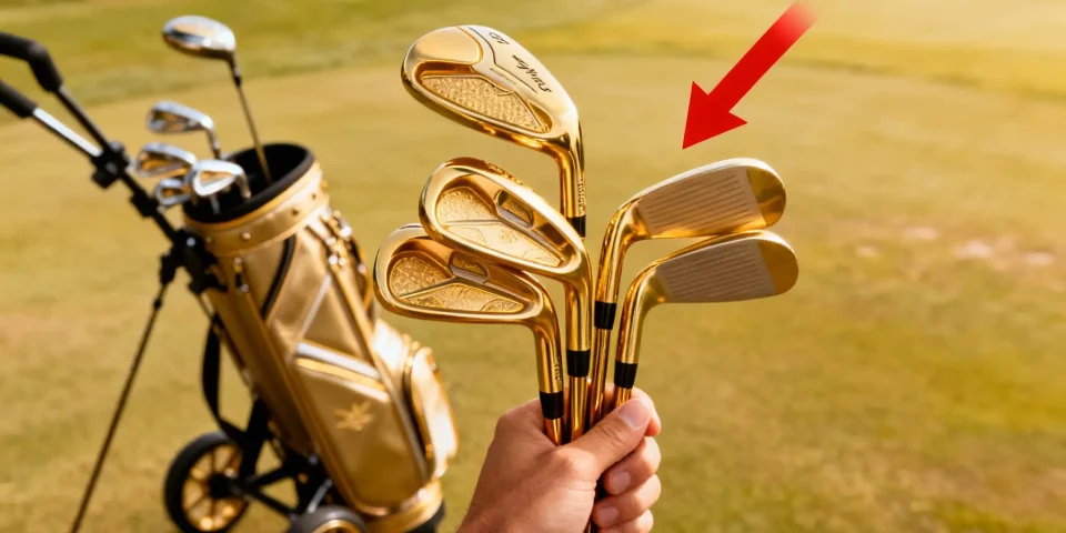 Sélection de clubs de golf en main avec chariot de golf en arrière-plan et flèche rouge