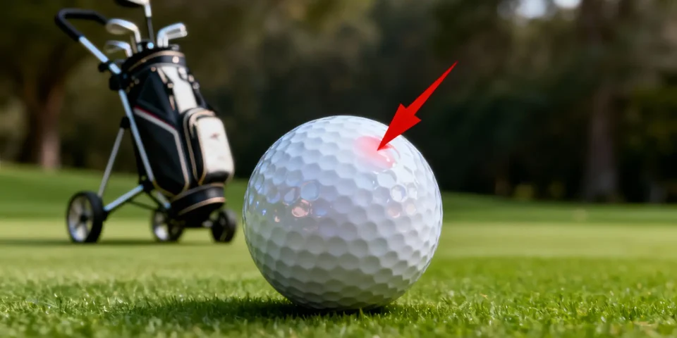 Balles de golf brillantes avec flèche rouge, chariot de golf moderne en arrière-plan
