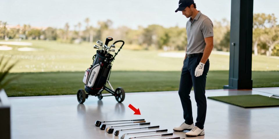 Golfeur choisissant un club, flèche rouge, sac sur chariot en arrière-plan lumineux