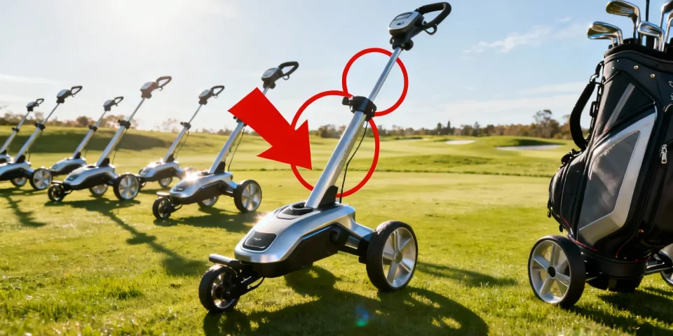 Chariots de golf électriques légers alignés sur parcours, un modèle mis en avant par flèche rouge