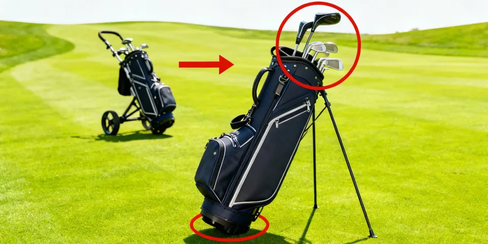 Sac de golf trépied en avant, sac sur chariot en arrière-plan, cercle rouge, flèche rouge