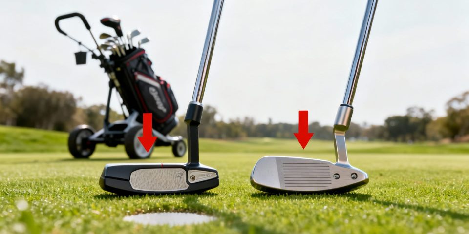 Putter maillet et lame comparés sur green, cercle rouge, chariot de golf en arrière-plan