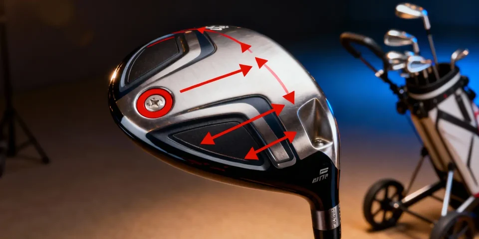 Driver de golf avec flèches rouges indiquant les lofts, chariot moderne en fond, style premium