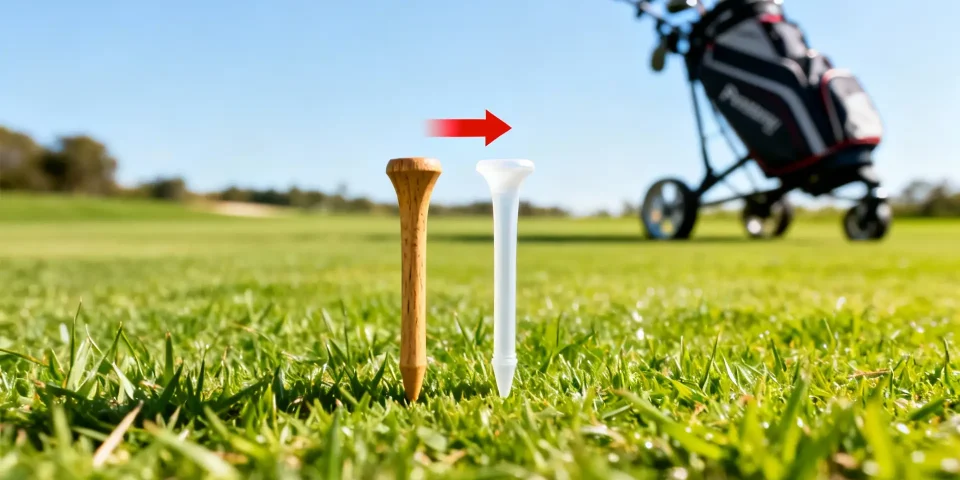 Tees de golf bois et plastique comparés sur herbe, chariot de golf flou derrière