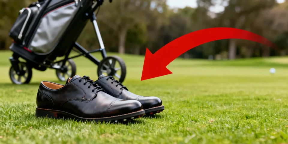 Sélection de chaussures de golf premium avec flèche rouge et chariot de golf en fond
