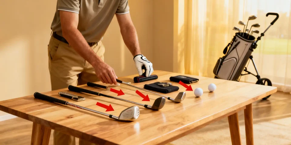 Débutant choisissant clubs de golf sur table, chariot discret en fond, ambiance lumineuse