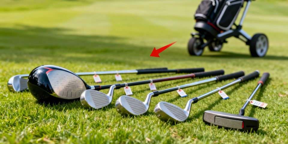 Main tenant un club de golf premium mis en valeur, trolley moderne au second plan