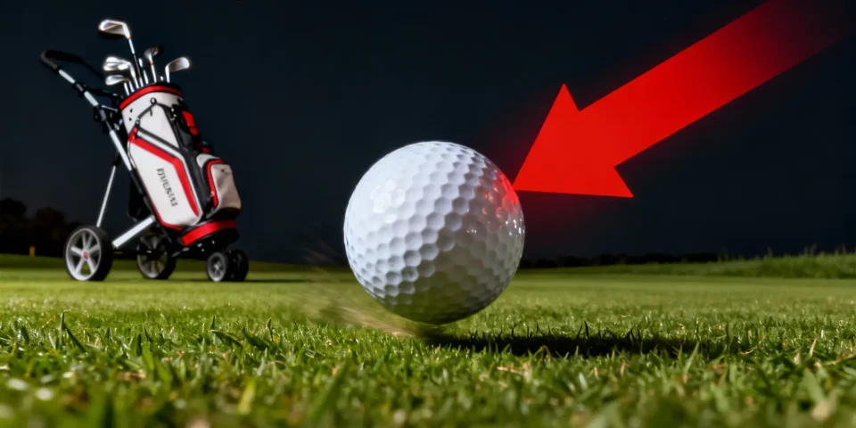 Balle de golf mise en valeur par une flèche rouge, chariot de golf en arrière-plan sur le green