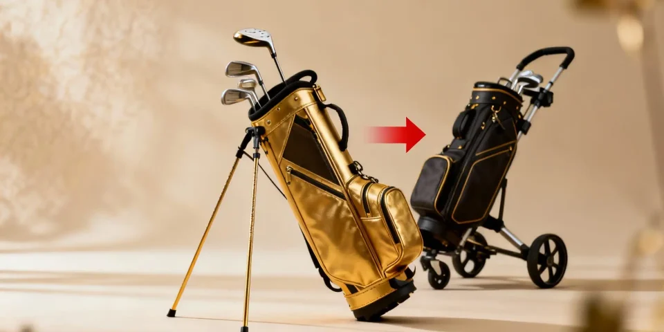 Sac de golf trépied et sac chariot côte à côte, flèche rouge, chariot en arrière-plan