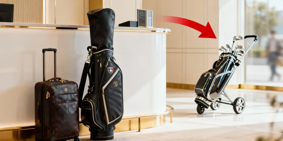 Chariot de golf électrique discret près d’une valise à l’aéroport, ambiance premium