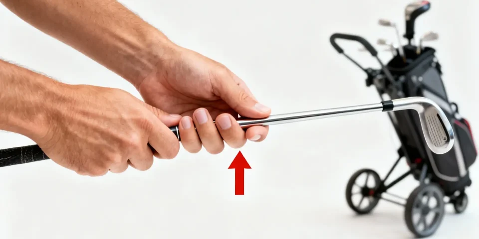 Main tenant un club de golf avec flèche rouge, chariot de golf et sac en fond discret