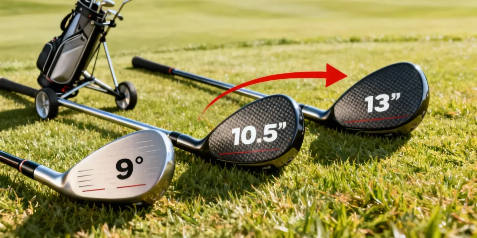 Trois drivers de golf comparés avec un chariot sur gazon haut de gamme en arrière-plan
