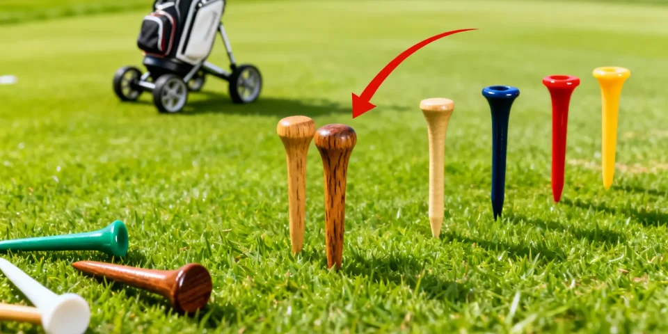 Tees de golf multicolores sur herbe, flèche rouge, chariot et sac en arrière-plan