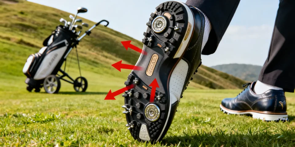 Chaussures de golf en gros plan sur herbe vallonnée, flèche rouge sur semelle, chariot discret