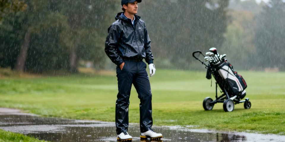 Golfeur élégant sous la pluie, flèche rouge sur la veste, chariot de golf en arrière-plan